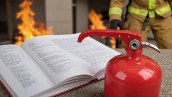 En illustrasjon av en brannsikkerhetsmanual med en rød brannslukker og en brannmann i bakgrunnen.