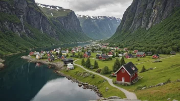 En pittoresk bygd i Norge med turister som vandrer i nærliggende fjell.