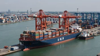 Et containerskip fortøyd ved en havn med last som blir losset.