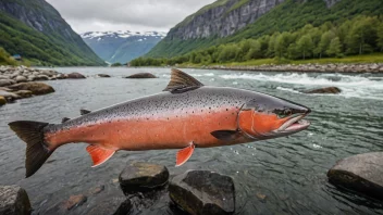 En villaks som svømmer i en norsk elv, omgitt av frodig vegetasjon og naturskjønne fjell.