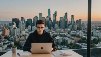 En person som studerer en bok om sikkerhet, med en laptop og en by i bakgrunnen.