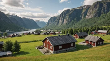 En tradisjonell norsk gård med trebygninger og en gårdsplass.