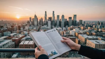 En person leser en bok med en by i bakgrunnen med ulike sektorer eller bransjer.