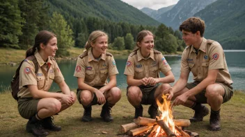 En gruppe speidere samlet rundt et bål, i en naturskjønn omgivelse.