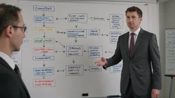 En person i dress står foran en whiteboard med en flytdiagram over ulike strategier. Bakgrunnen er et bylandskap med høye bygninger og biler som kjører forbi.