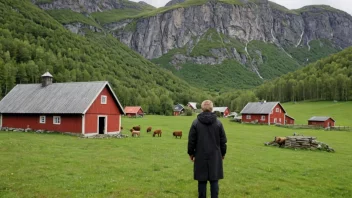 En person som står foran en tradisjonell norsk gård, med et diskret smil på ansiktet, som indikerer en følelse av stolthet og eierskap.