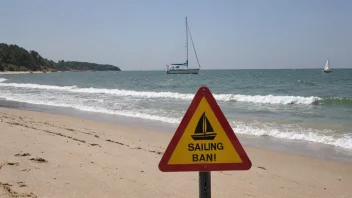 Et skilt på en strand som indikerer et seilingsforbud.