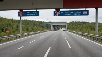 En bomvei i Norge med en bomstasjon og et norsk flagg.