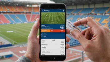 En person som holder en tippekupong eller en smarttelefon med en sportsbettingsapp åpen, med en fotballstadion eller en sportsarena i bakgrunnen.