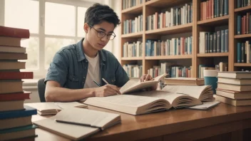 En person som studerer med bøker og notater, med en subtil bakgrunn av et universitet eller bibliotek.