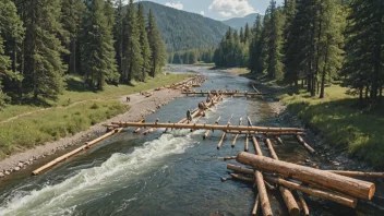 En illustrasjon av fløting, en prosess med å transportere tømmer på vannet, særlig i elver og innsjøer, for å frakte det fra skog til sagbruk.