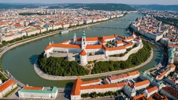 Flyfoto av Bratislavas historiske sentrum med Donau-elven og Bratislava-slottet