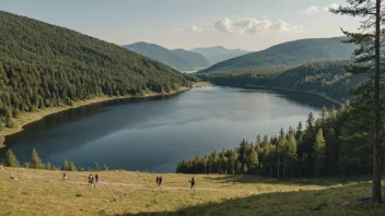 Et vakkert landskap av Oslomarka-skogen, med en fredelig innsjø og majestetiske fjell i bakgrunnen, og mennesker som nyter friluftslivet gjennom aktiviteter som turgåing og piknik.