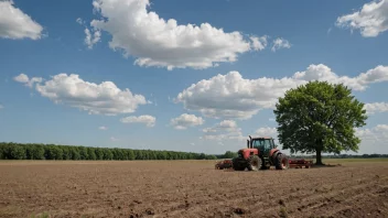 Et bilde av en stor åker med en traktor og noen trær i bakgrunnen.