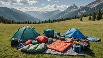 Et bilde av forskjellig campingutstyr arrangert på en gresslette med fjell i bakgrunnen.