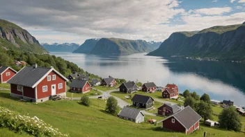 Et pittoreskt norsk landskap med en blanding av moderne og tradisjonell arkitektur, omgitt av naturskjønnhet.