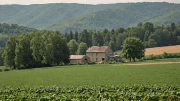 Et naturskjønt bilde av en dyrket mark med en gård i bakgrunnen.