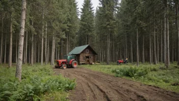 En skog med en hytte og en person som arbeider på landet.