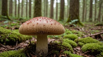 Et giftig sopp med en karakteristisk hatt og stilk, som vokser blant undervegetasjonen i en tett skog.