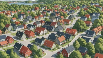 En fargerik illustrasjon av et norsk nabolag med en blanding av boliger og forretningsbygg, omgitt av trær og gater.