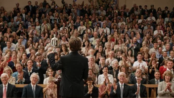 En person holder en tale med en trofé i bakgrunnen, med en folkemengde som applauderer.