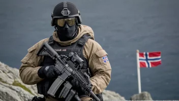 En norsk marine spesialstyrke-operatør i full utrustning, med et norsk flagg i bakgrunnen.