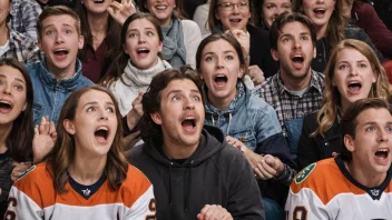 En gruppe mennesker som ser på en ishockeykamp med begeistrede ansikter