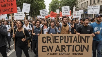 En gruppe demonstranter som marsjerer gjennom en by, og holder skilt og bannere.