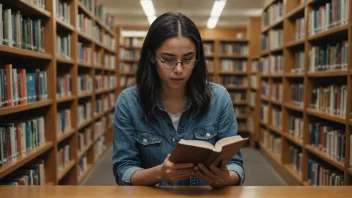 En person som sitter i et bibliotek, omgitt av bøker, med en tankefull uttrykk på ansiktet mens de leser en bok.