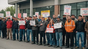 En gruppe arbeidstakere i streik, protesterer mot arbeidsforholdene.