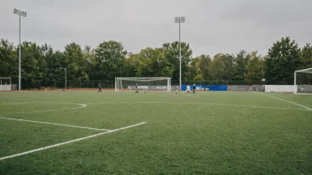 En fotballbane med bortelagets mål i bakgrunnen og hjemmelagets mål i forgrunnen.