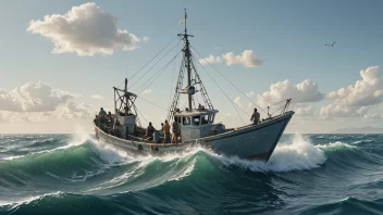 Et bilde av en fiskebåt i havet, med fiskere som haler inn en stor fangst av fisk.