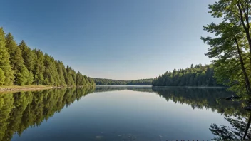 Et fredelig landskap med en stille innsjø og trær.