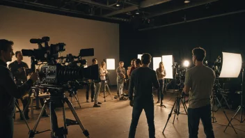 En filmcrew på settet, med kameraer, lys og skuespillere i bakgrunnen.