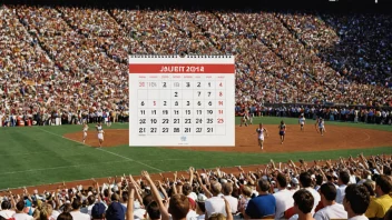 Et bilde som representerer et idrettsår med ulike begivenheter merket på en kalender, idrettsutøvere som konkurrerer på et stadion, og en jublende folkemengde.