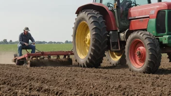 En bonde som sår frø i en åker med en traktor i bakgrunnen.