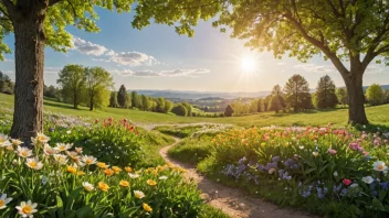 En levende illustrasjon av solen som skinner klart på himmelen, kaster en varm glød over et naturskjønt landskap med blomstrende blomster og frodig grønne.