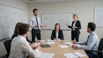 En gruppe mennesker i et møterom, diskuterer og forhandler, med en whiteboard i bakgrunnen med notater og diagrammer.