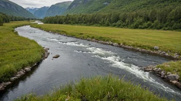 Et fredelig landskap av Disenå-elven som renner gjennom den norske landsbygda.