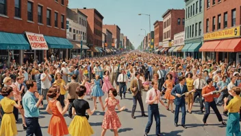 Et bilde som viser den levende og dynamiske atmosfæren på 1960-tallet, med mennesker som uttrykker seg gjennom musikk, dans og protest.