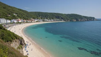 En pittoresk kystby med en vakker strand og rolig sjø