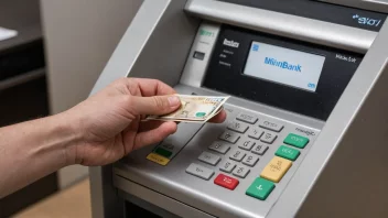 En person bruker en minibank til å ta ut kontanter. Minibanken er en liten, fristående maskin med en skjerm og et tastatur.