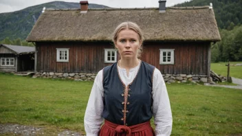 Et bilde av en person i tradisjonell norsk klesdrakt, som representerer en ambod, stående foran en gård eller et gods.