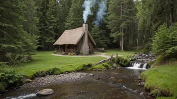 Et fredelig og rolig bilde av en liten hytte i skogen, som gir en følelse av trygghet og tilflukt.