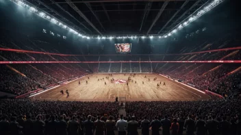 Et dramatisk bilde av en slagmark eller en konkurransearena, med sterke farger og intens belysning.