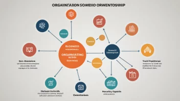 En bilde som representerer organisasjonseide, med en forretningsorganisasjon i sentrum og ulike avdelinger og datterselskaper koblet til den.