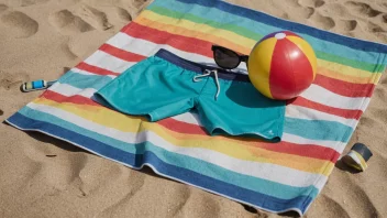 Et par badeshorts på en strandhåndkle med en strandball og solbriller i nærheten