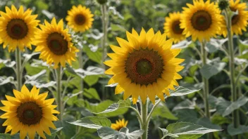 En solsikkeplante med store, gule blomster og frø.