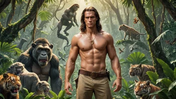 Tarzan, en fiktiv karakter, står i jungelen.