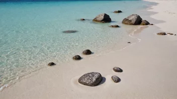 En fredelig hvit sandstrand med krystallklart vann og noen steiner i bakgrunnen.